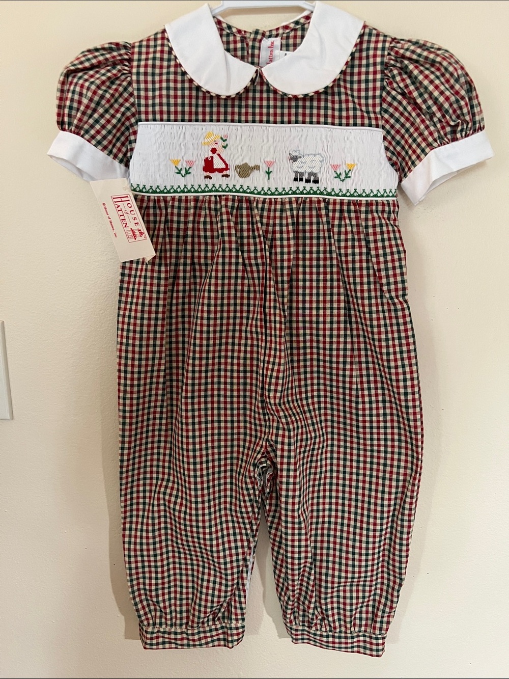 Vintage Smocked Plaid Baby Romper with Peter Pan Collar NWT